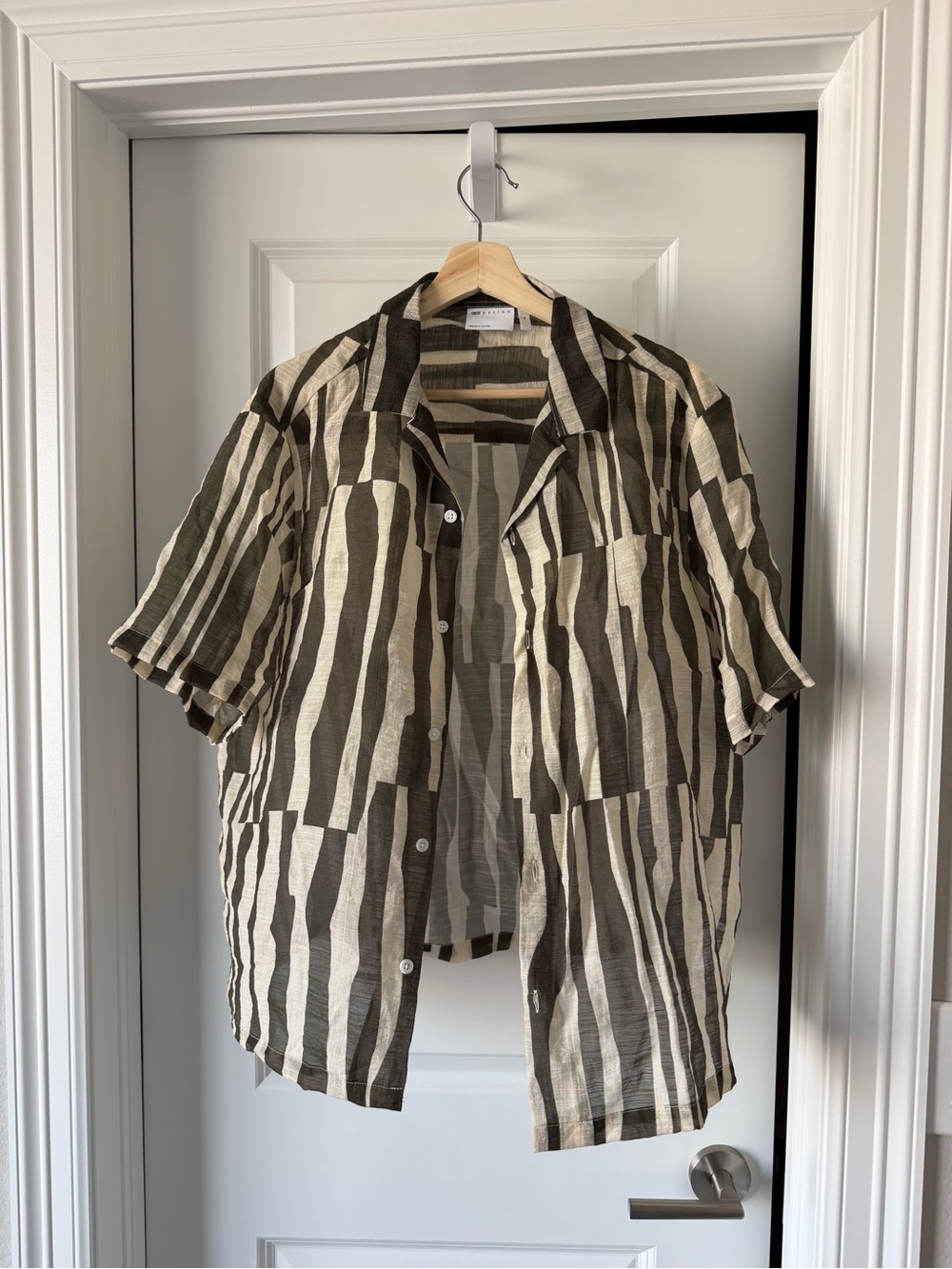 ASOS Short-Sleeve Striped Shirt Jacket in Olive & Cream